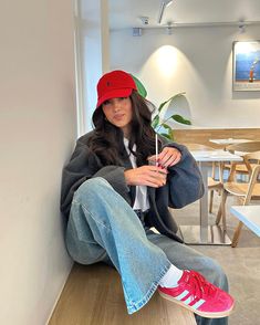 emilysupit Red Gazelle Adidas Outfit, Red Adidas Outfit, Adidas Gazelle Red, Red Hat Outfit, Red Gazelle, Red Campus, Red Sneakers Outfit, Red Shoes Outfit, Looks Adidas