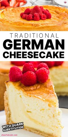 traditional german cheesecake with fresh raspberries on top and the title overlay reads traditional german cheesecake