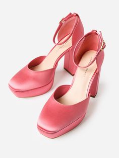 DESCRIPTION:Closed-toe satin platform heel.FEATURES:Platform HeelRound ToeAdjustable Ankle StrapPadded FootbedUpper: 72% Viscose, 28% SilkOutsole: 100% LeatherHeel Height: 4.5 in. | Platform Height: 1.5 in. Pink Block Heels, Loeffler Randall, Platform Heel, Heels & Wedges, Saint Bernard, Platform Heels, Leather Heels, Block Heels, Ankle Strap