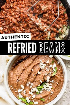 baked beans in a bowl with text overlay that reads authentic refried beans