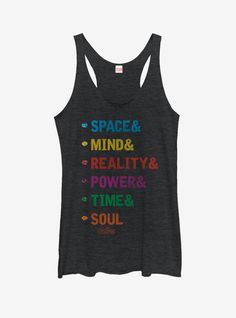 a women's black tank top with the words space and mind reality, power time & soul on it