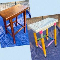 three different colored stools sitting next to each other on a blue mat covered floor