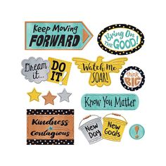 some stickers that are on the side of a white board with words and phrases