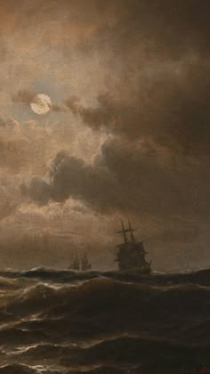 a painting of a ship in rough seas under a cloudy sky with the moon above it