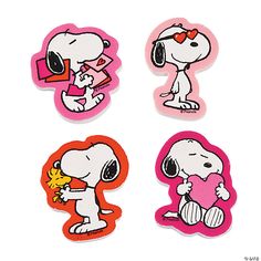 four stickers depicting the characters of snoopy and his friends, including one with a heart