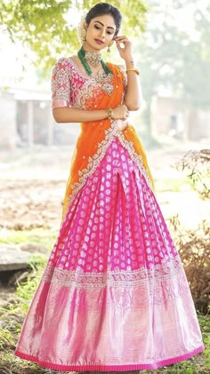 Benaras Half Sarees, Pattu Lehenga Half Saree Indian Dresses, Pattu Langa Voni Half Saree, Pattu Lehenga Half Saree, Pink Half Sarees, Saree Function, Half Saree Function, Langa Voni