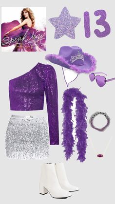 purple and silver outfit with accessories including boots