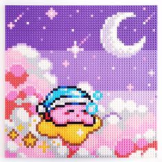 the pixel art work is made with different colors and shapes, including pinks, purples