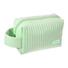 a green cosmetic bag with a zipper on the front and an inner compartment in the middle