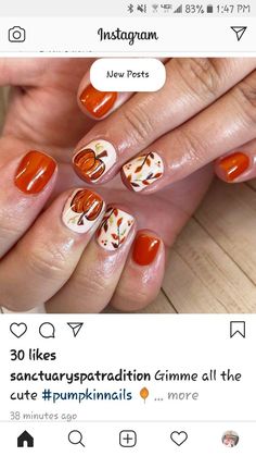 Fall Plaid And Leaf Nails, Fall Nail Art Pumpkin, Fall Nails Pumpkin And Leaves, Watercolor Fall Nails, Pumpkin Toe Nail Designs, Pumpkin Nail Designs Fall, Fall Nails Pumpkins, Harvest Nail Designs