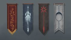 four banners with different designs on them hanging from wooden poles in front of a gray background