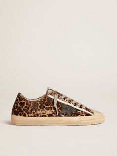 V-Star in leopard pony skin with black leather star and heel tab | Golden Goose Golden Family, Lace Socks, Star Sneakers, Tshirt Skirt, Gray Suede, Bag Handle, Black Laces, Golden Goose, Beige Brown