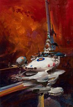 a painting of a space ship floating on top of water