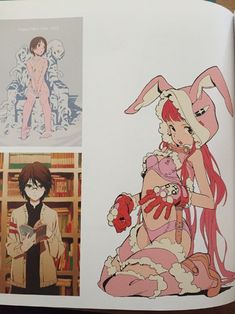 an open book with pictures of people and animals in it's pages, including anime characters