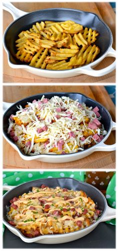 three different views of the same dish in different pans, one with pasta and cheese on it