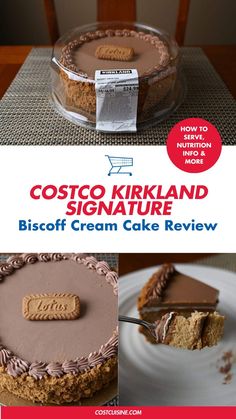 a collage of pictures showing different types of desserts and the words costco kirkland signature biscuit cream cake review