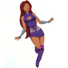 an animated woman in purple is flying through the air with her arms out and legs spread wide