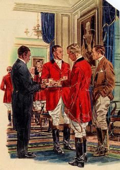 two men in red coats are handing something to another man