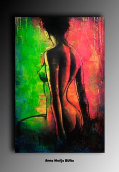 an abstract painting of a woman's back in pink, green and yellow colors