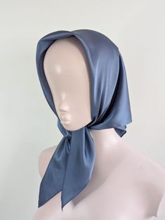 Blue satin headscarf Luxury modern bohemian satin headscarf. This is made from a soft synthetic blend satin fabric. The fabric is luxurious and lightweight. This scarf is versatile and can be worn in many ways around the neck or head. It is large enough to be tied around the head to give full coverage, or to be draped around the neck.  This is a square scarf that can be folded to create the triangle look, or wrapped up and tied in a knot to be worn as a headband. Style: Head scarf Measurements: Silky Head Scarf, Satin Silk Scarf Gift, Elegant Silk Headscarf As Gift, Elegant Silk Headscarf For Gift, Summer Satin Headscarf, Elegant One Size Headband Bandana, Elegant Headband Style Bandana, Elegant Silk Headscarf For Summer, Elegant One Size Bandana Headband