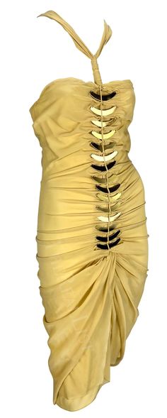 S/S 2005 Gucci Beige Cutout Gold-Tone Metal Spine Bodycon Mini Dress For Sale at 1stDibs Gucci Mini, Dress For Sale, Metallic Accents, Bodycon Mini Dress, Gold Tone Metal, Day Dresses, S S, Dresses For Sale, Gold Tones