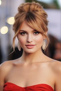 If you want to look beautiful, go for the elegant updo with cascading bangs that are perfect for red-carpet events. This hairstyle features a bun updo paired with cascading bangs that add a touch of drama. Click here to check out more waterfall fringe bangs hair ideas. Bangs Hair Ideas, Fringe Bangs, Messy Bun Hairstyles, Wedding Hair Inspiration, Penteado Cabelo Curto, Formal Hairstyles, Braids For Short Hair, Bride Hairstyles