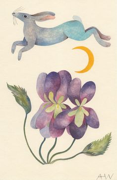 a painting of a rabbit jumping over flowers