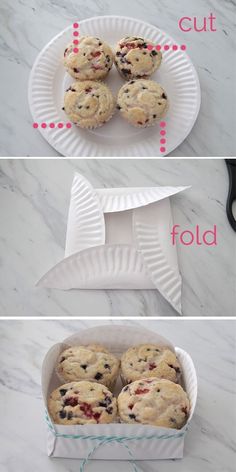 three pictures showing how to make muffins in a paper plate and then cut