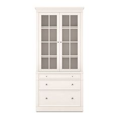 a white cabinet with two drawers on the bottom and one drawer in the middle, against a white background