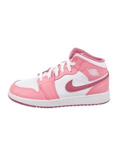 Kids' pink and white Jordan Kids' 1 Mid Valentine's Day (GS) with high-top, rounded toes, rubber soles, and lace up closure. Box included. Unfortunately, due to restrictions, this item may not be eligible for shipping in all areas. Kids Jordans, All Kids, Pink And White, Kids Boys, High Top, High Tops, Chloe, Valentine's Day, Jordan