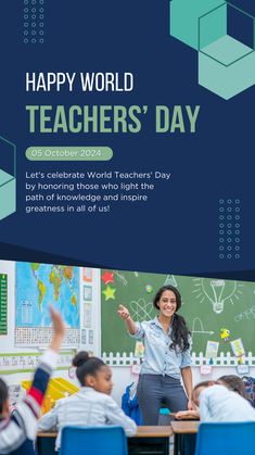 a teacher's day flyer with an image of children at desks in front of them