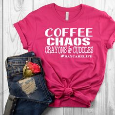 Daycare Gift - Shirts for Daycare - Daycare christmas gift - Gift for Daycare worker - Teacher Gifts - Gift for Babysitter - Baysitter gift Coffee Chaos Crayons and Cuddles - Daycare Life Adult Unisex Triblend short sleeved Crew Neck. 50% Poly 25% Combed Ring-Spun Cotton 25% Rayon This shirt is Unisex so for a female, it is a looser fitting shirt. I do recommend ordering a size down These shirts are Comfy and Soft Wash & Care Instructions: Wash inside out, do not iron (unless you iron from i Father's Day Gift Pink T-shirt, Father's Day Pink T-shirt Gift, Pink T-shirt For Father's Day Gift, Pink T-shirt For Father's Day, Valentine's Day Funny Text T-shirt Gift, Valentine's Day Gift T-shirt With Funny Text, Funny Text T-shirt For Valentine's Day Gift, Pink T-shirt With Funny Text For Gift, Pink T-shirt With Funny Text As Gift