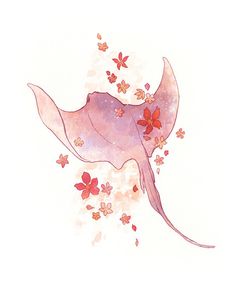 a drawing of a fish with red flowers on it's tail