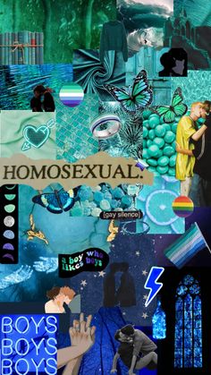 a collage of images with the words homosexuality and other things in blue, green, black