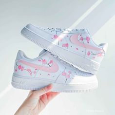 Shoe Artwork, Custom Air Force 1, Cute Nike Shoes, Cute Nikes, Custom Sneakers, Custom Shoes, Cherry Blossoms, Pink Flower, Look Cool