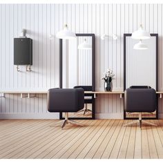 two salon chairs are facing each other in front of three mirrors on the wall, one is black and the other is white