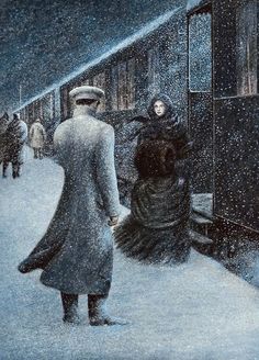 a painting of a woman standing in the snow next to a train at a station