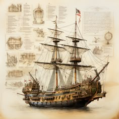 an old pirate ship is shown in this antique photo, with many details surrounding it