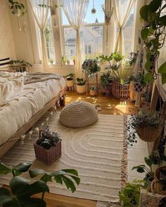 a living room filled with lots of plants and potted plants on the floor next to a bed