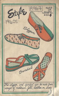 ~ Circa/Date: 1940s ~ Details:  RARE PATTERN FOR SLIPPER and SANDAL.  Can be made in Felt, Leather, Suede, Velor, Brocade, heavy Silks and Cottons. ~ Size/Measurements (Inches):   4 (37) ~ Please Note: ~ You are buying a 'Professional Reproduced' copy of this sewing pattern. Copied from the original sewing pattern. Produced in Full Scale Pattern Pieces ready to cut with full instructions included. Reproduced on high quality 50 gm paper with black ink, durable and easier for reuse. Printed by a Professional Printing Company.   ~ With this product comes an accompanying 'Booklet' and inside the Booklet it includes: ~ A 2-page Instructions and Illustrations on 'How to Adjust Your pattern to your Personal Measurement.' ~ Personal Measurement Chart ~ Body Form Illustrations ~ Fitting Checklist ~ 1940 Patterns, 40s Shoes, 40's Fashion, 40's Style, 1940s Shoes, Dressmaking Patterns, Vintage Vogue Sewing Patterns, Sewing Vintage, Fashion 1940s