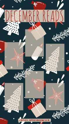 the cover of december reads with presents and christmas trees