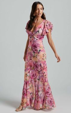 Jasmine Maxi Dress - Plunge Neck Short Flutter Sleeve Frill Hem Mermaid in Pink floral | Showpo USA Dress Georgette, Formal Wedding Guest Dress, Bridesmaid Dresses With Sleeves, Classic Style Outfits, Saree Gown, Feminine Elegance, Flutter Dress, Pink Bridesmaid Dresses, Prom Dress Inspiration