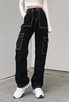 High Waist Straight Cargo Jeans Pocket Stitched High Waist Cargo Jeans - AnotherChill Cargo Jeans Black, High Waisted Baggy Jeans, Y2k Trousers, Jeans Online Store, Mode Zara, Cargo Pants Outfit, Baggy Cargo Pants, Bodycon Floral Dress, Black Cargo Pants