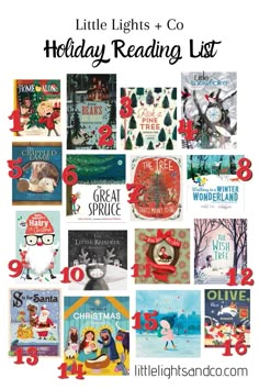 the holiday reading list for children with text overlay that reads little lights and co holiday reading list