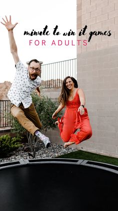 a man and woman jumping on a trampoline with text overlay that reads mindful fun at games for adults