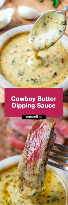 cowboy butter dipping sauce in a bowl with a spoon full of meat and cheese