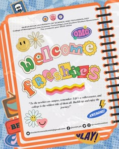 an open notebook with the words welcome freshies written in colorful letters and flowers on it