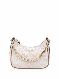 Ivory/brown leather small Jet Set Charm Logo shoulder bag from MICHAEL MICHAEL KORS featuring monogram pattern, gold-tone logo plaque, chain-link shoulder strap, internal zip pocket and top zip fastening. | Michael Kors small Jet Set Charm Logo shoulder bag Michael Kors Jet Set Shoulder Bag, Michael Bags Kors, Cute Michael Kors Bags, Purses And Handbags Michael Kors, Michael Kors Jet Set Charm Small Logo Shoulder Bag, Mikel Kors Bags, Michele Kors Bags, Michael Kors Bag Outfit, Brown Michael Kors Bag