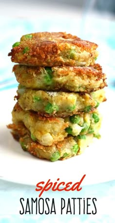 some food is stacked on top of each other with the words spiced samosa patties