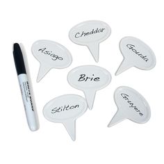 six white speech bubbles with the words bride and groom written in black ink on them